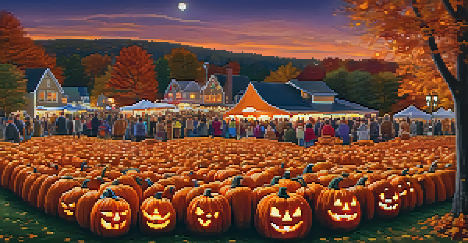 Thousands of lit jack-o'-lanterns glowing at the Keene Pumpkin Festival, with families enjoying the festivities in a cozy fall atmosphere.