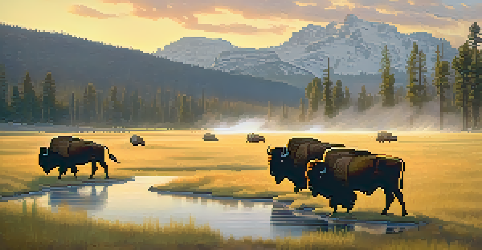 A herd of bison grazing in a meadow at dawn in Yellowstone National Park, with mountains and mist in the background.