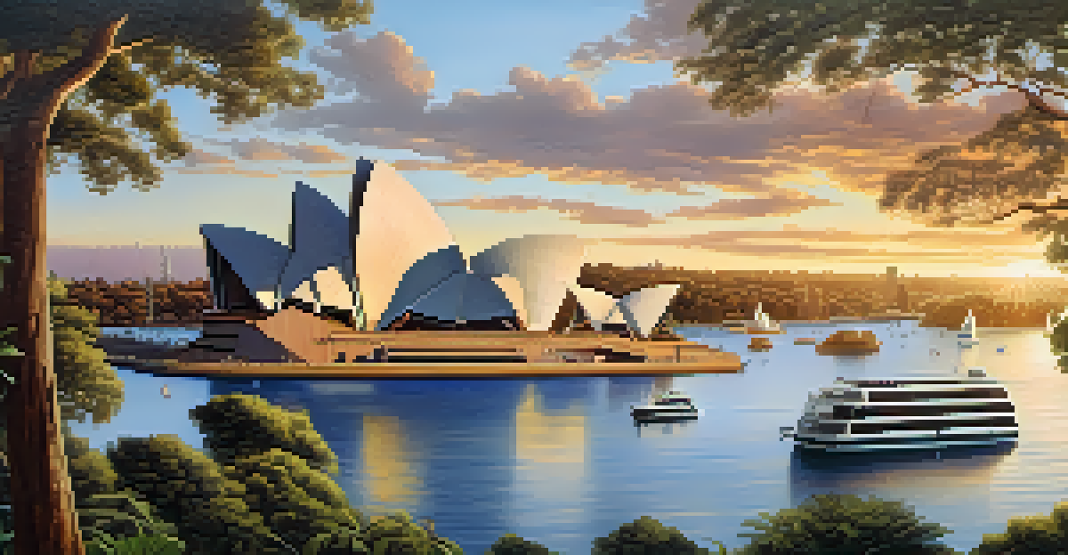 The Sydney Opera House at sunset, with a beautiful reflection on the water and sailboats in the harbor.
