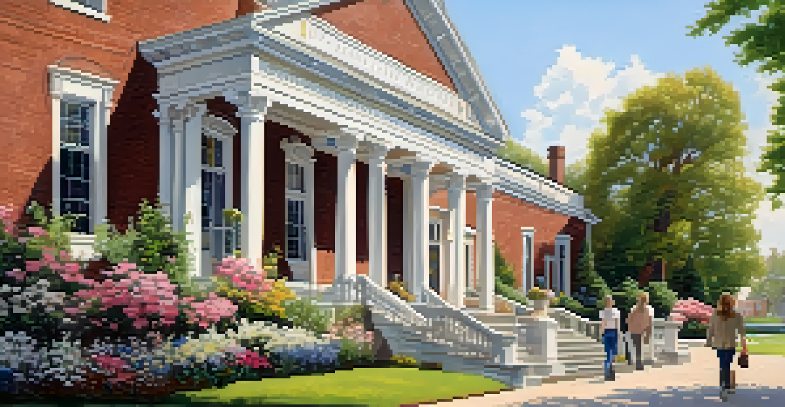 The exterior of a historical society's museum with classic architecture, large windows, and a welcoming entrance, surrounded by a blooming garden and visitors entering.