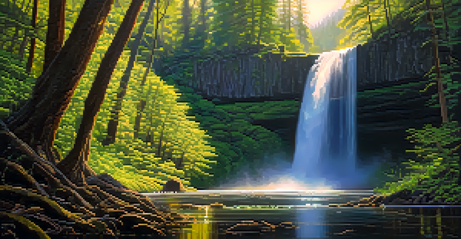A tall waterfall flowing through a forest, surrounded by trees and colorful plants, with sunlight filtering through the leaves.