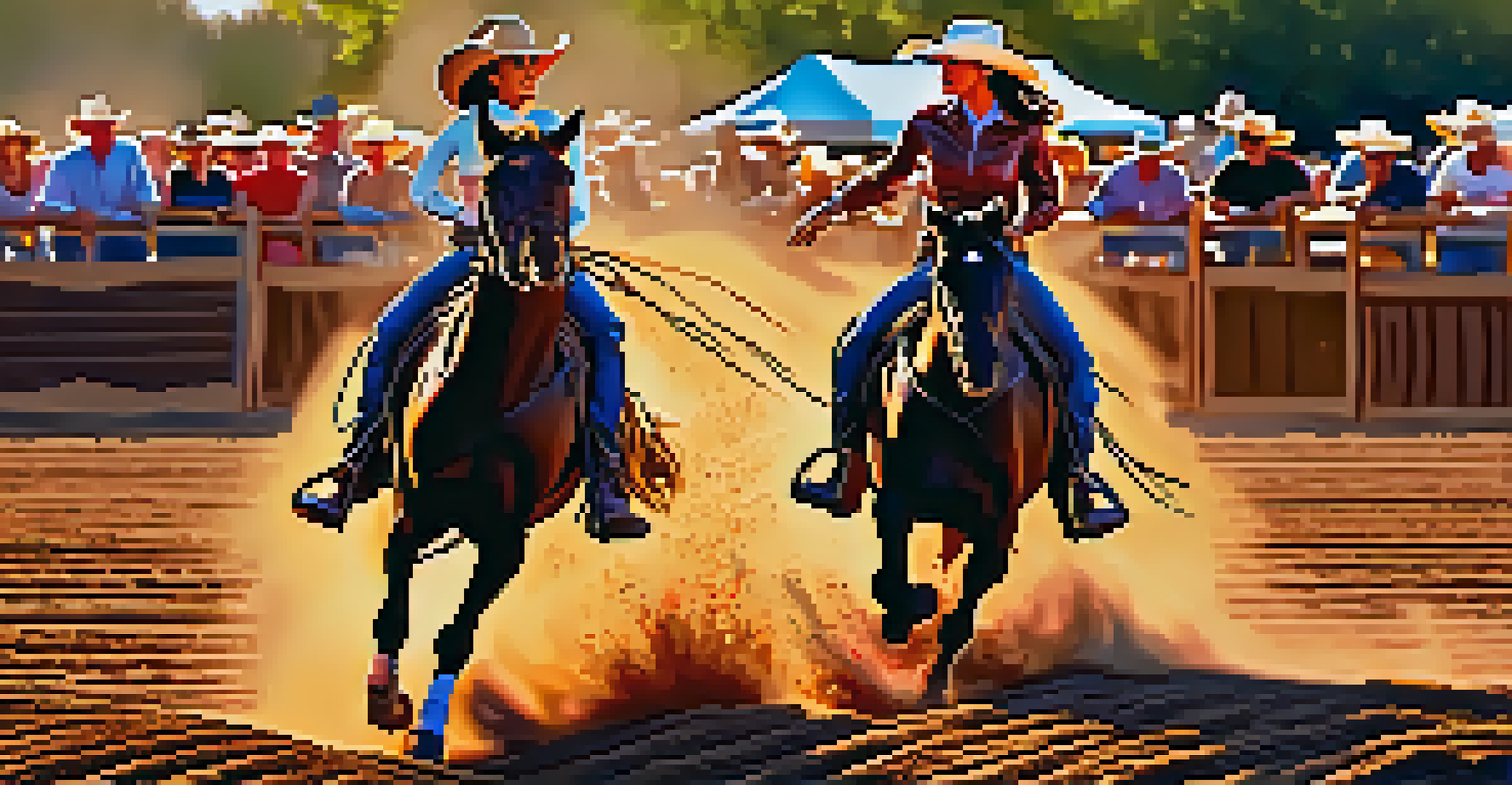 A cowgirl racing around barrels in a rodeo, with a cheering crowd and a sunset in the background.