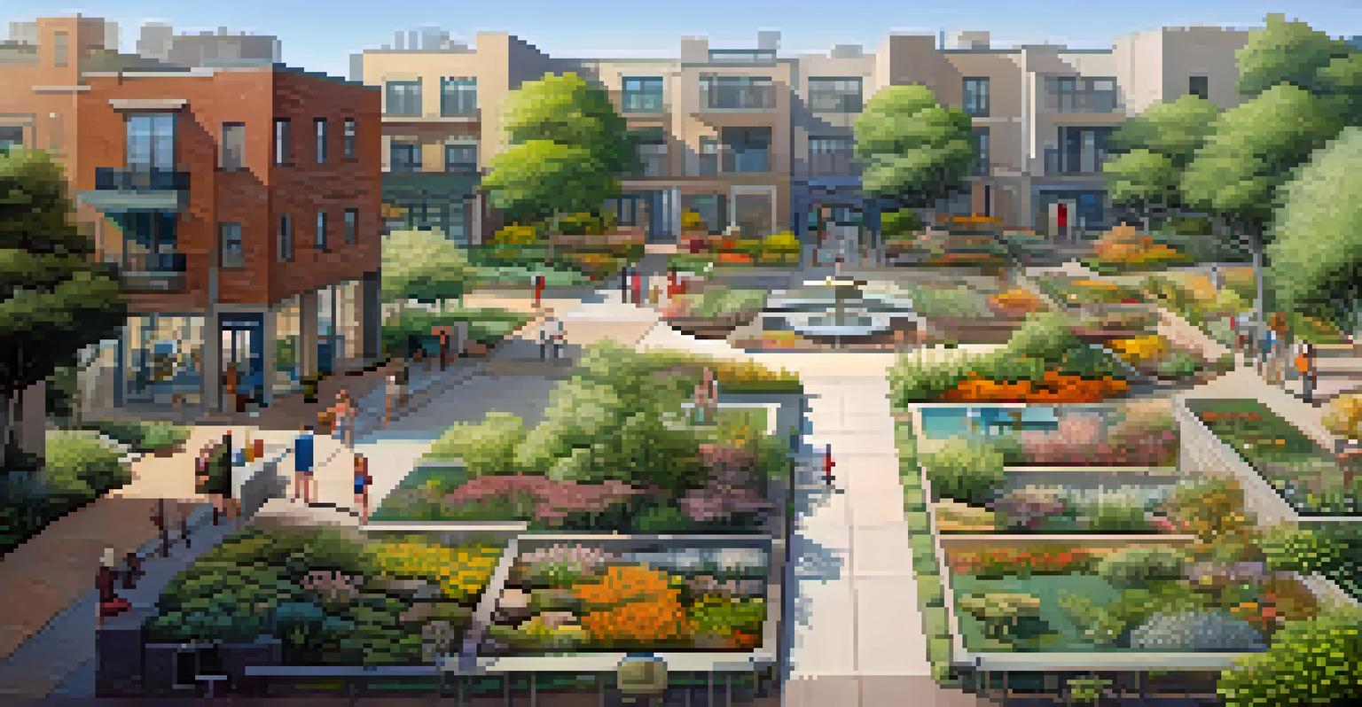 Aerial view of a colorful urban garden with walking paths and visitors, highlighting the integration of nature and city life.