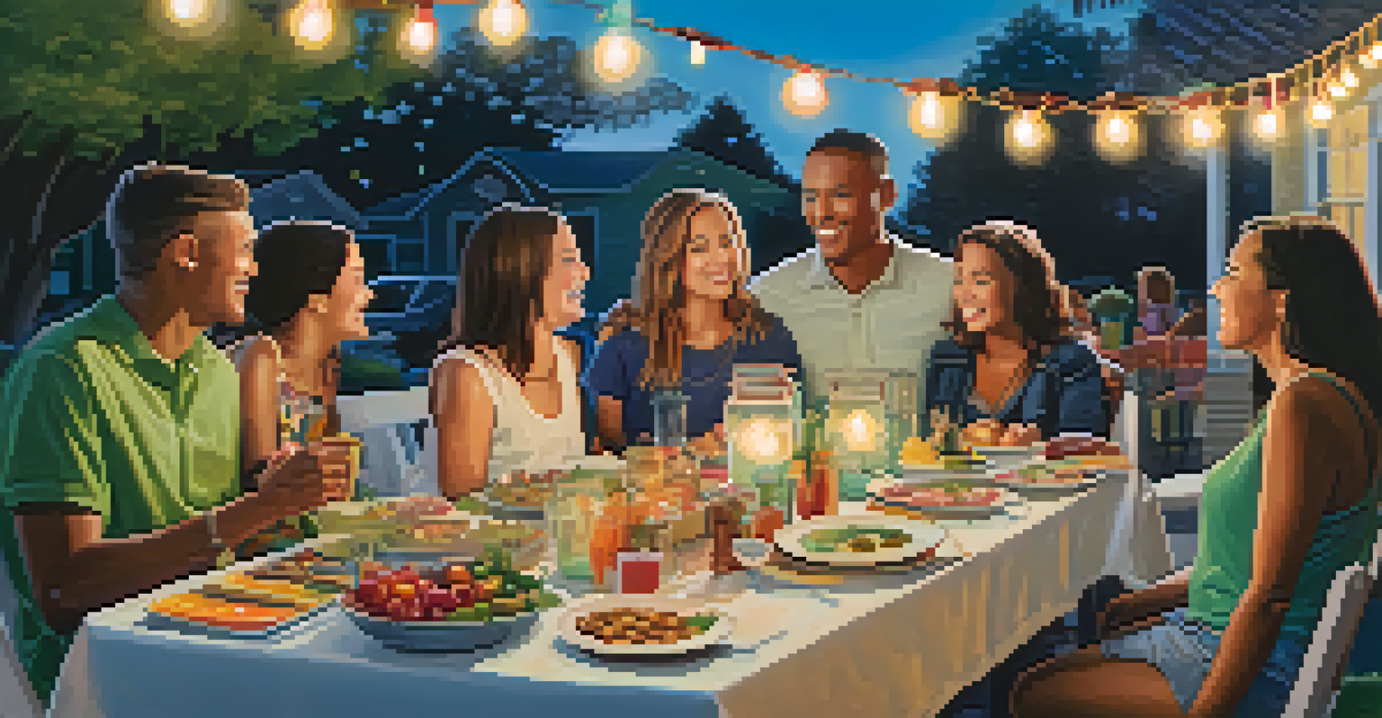 Local families sharing a meal outdoors at a neighborhood event with colorful dishes and smiling faces.