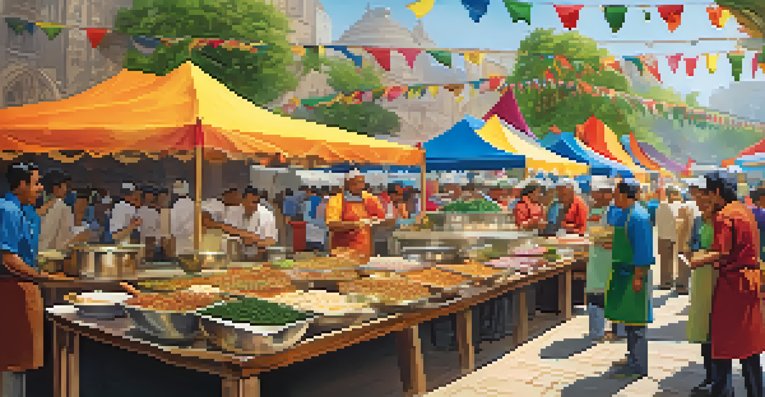 A bustling food festival with various stalls and chefs preparing traditional dishes, filled with colorful decorations and people sampling food.