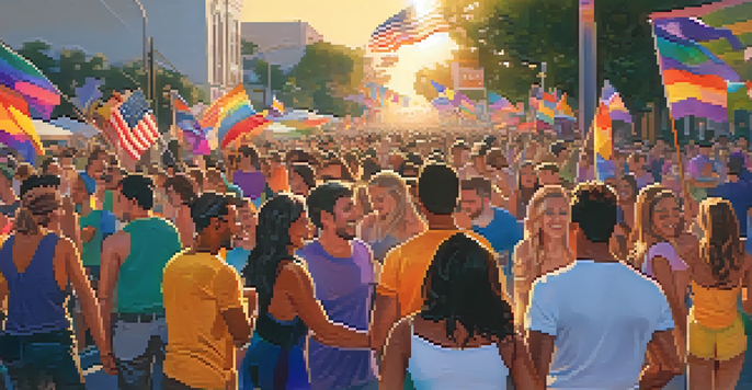 A lively street scene at the LA Pride Festival with a diverse crowd, colorful flags, and performers on stage during sunset.