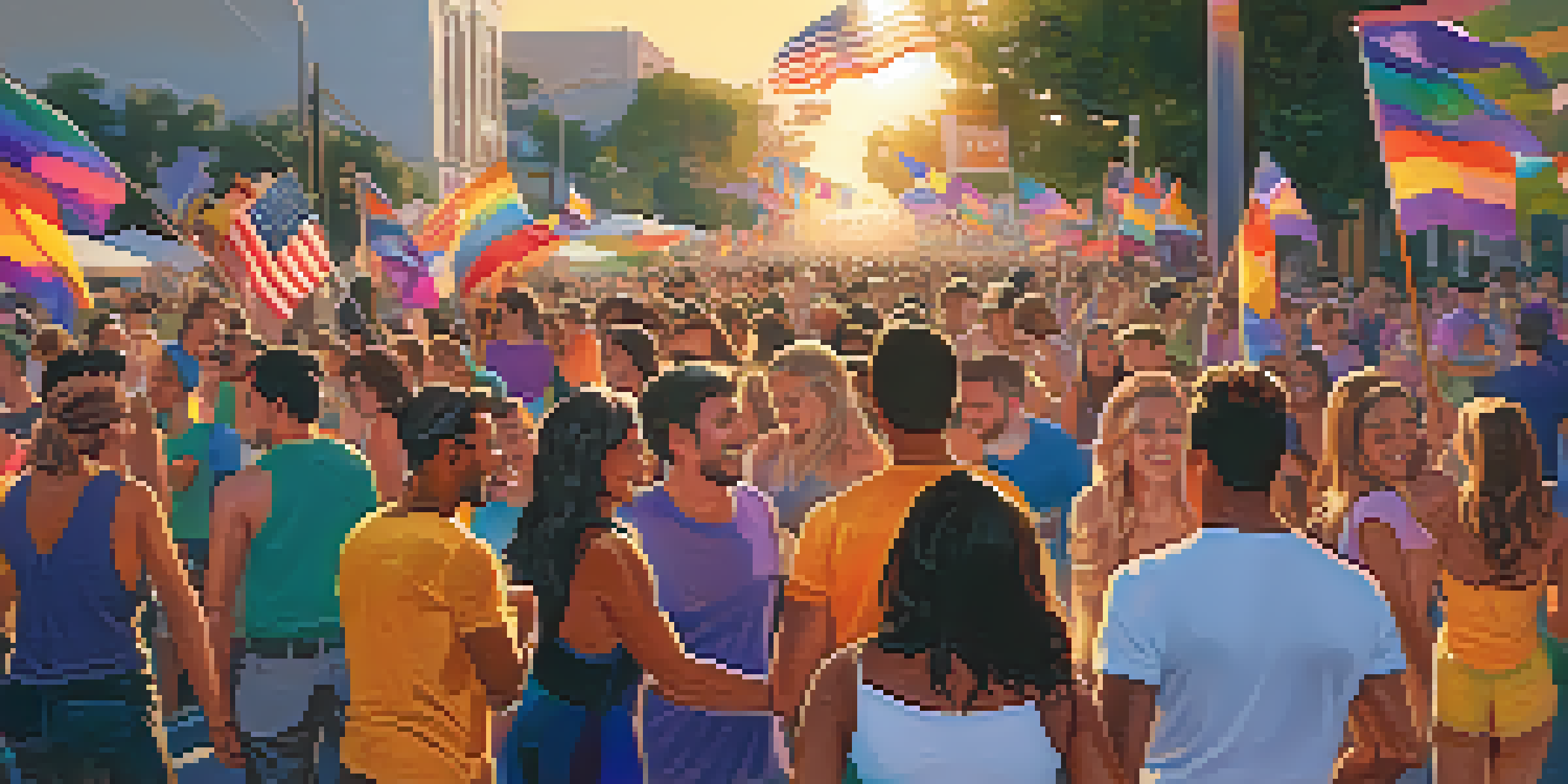 A lively street scene at the LA Pride Festival with a diverse crowd, colorful flags, and performers on stage during sunset.
