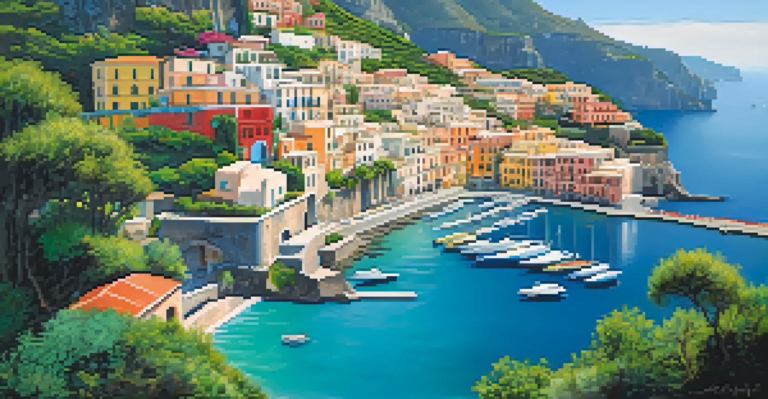 An aerial view of the Amalfi Coast with colorful buildings on cliffs, a winding road, and a motorcycle, set against a turquoise sea.