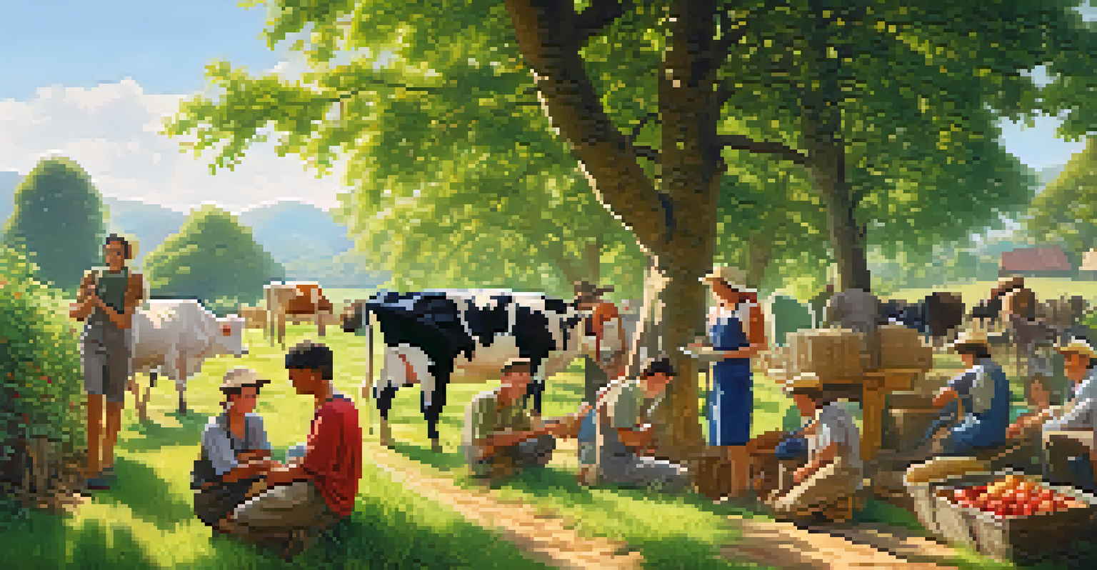 Travelers joyfully participating in farm activities like fruit picking and milking cows in a vibrant rural setting.