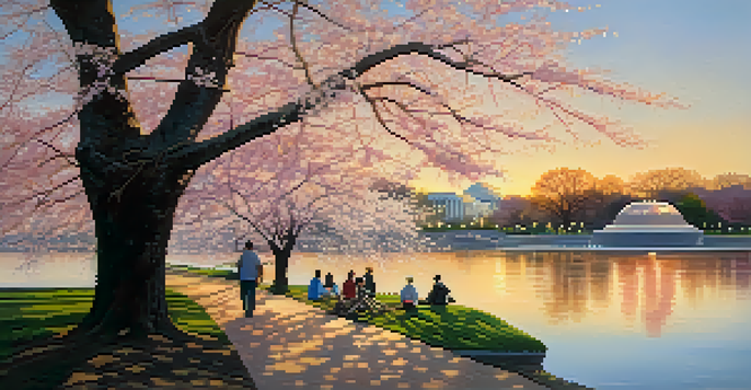 A serene view of cherry blossoms blooming around the Tidal Basin in Washington, D.C., with petals falling onto the water and visitors enjoying the scene.