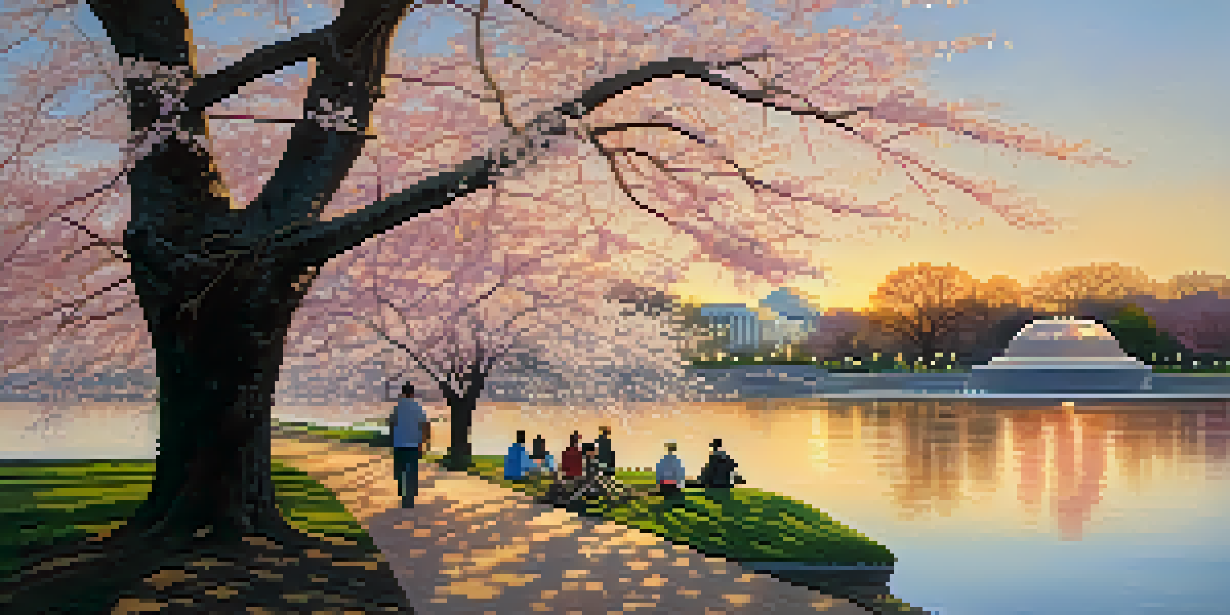 A serene view of cherry blossoms blooming around the Tidal Basin in Washington, D.C., with petals falling onto the water and visitors enjoying the scene.