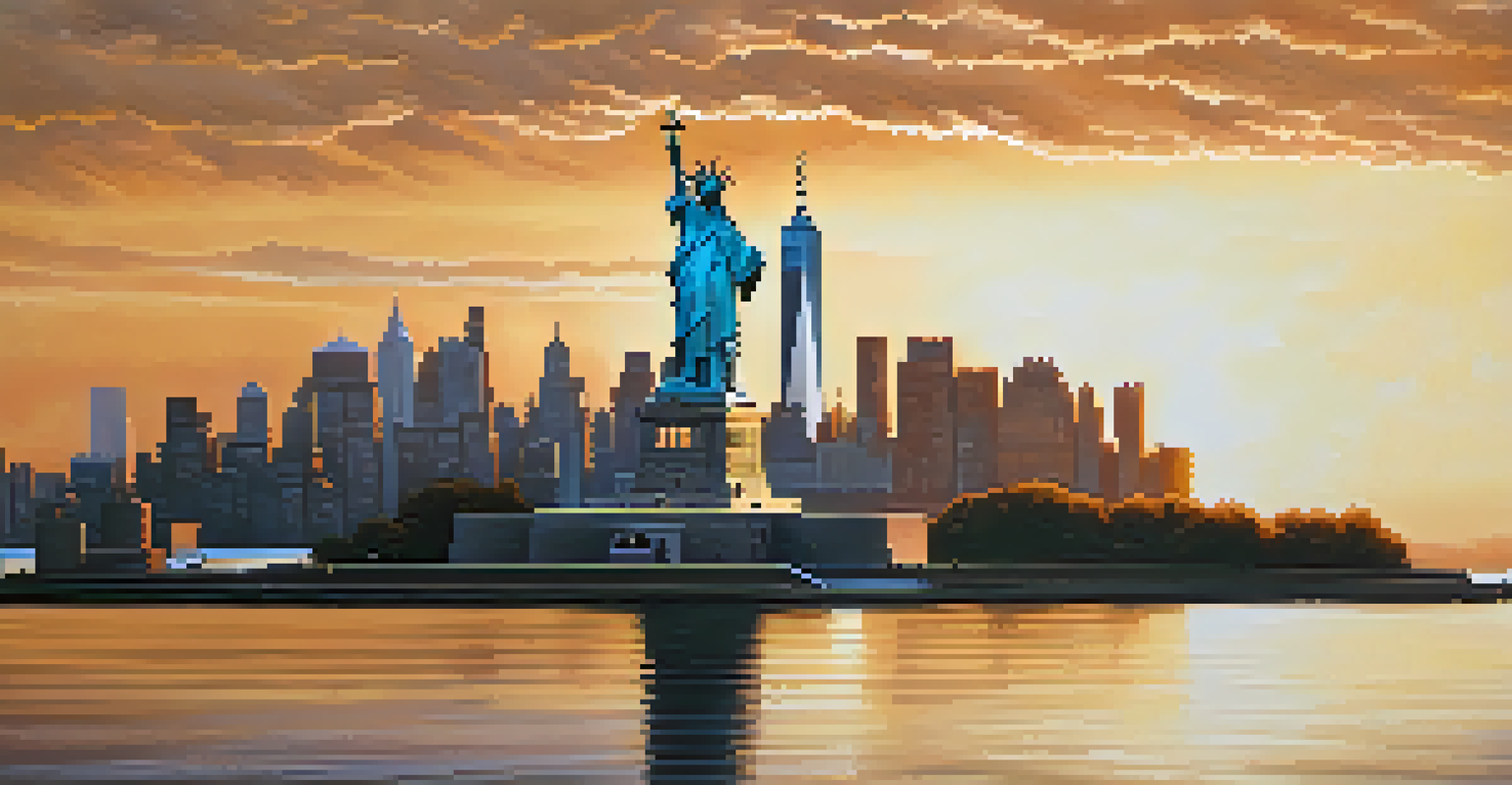 Panoramic view of the Statue of Liberty with the New York City skyline in the background at golden hour.