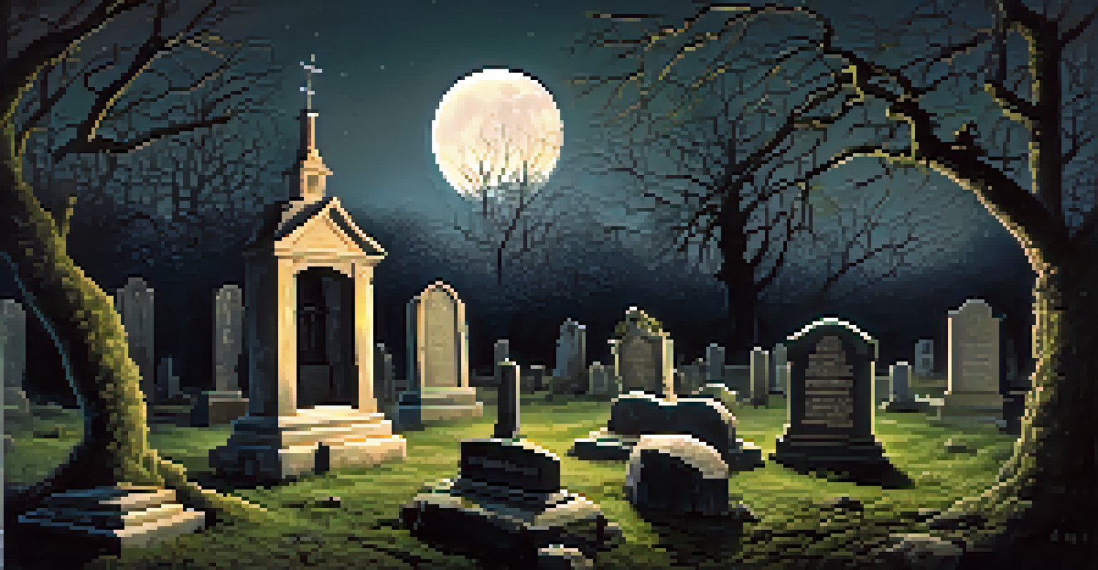 An eerie graveyard at night with old tombstones, a gnarled tree, and faint orbs of light floating above the graves, creating a ghostly ambiance.