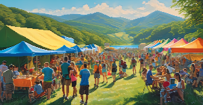 A lively outdoor festival with people hiking, biking, and kayaking in a green landscape with tents and food trucks under a clear sky.