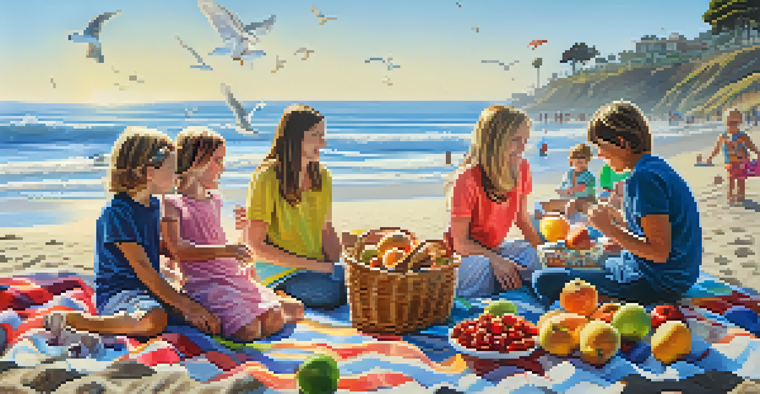 A family picnic on the beach at La Jolla Shores, with children playing in the water and building sandcastles.
