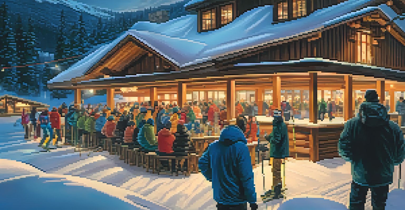 A cozy lodge at Wolf Creek Ski Area with skiers enjoying drinks on the patio amidst falling snow and mountain views.