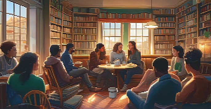 A cozy storytelling event in a café with people sitting in a circle, listening to a storyteller, surrounded by bookshelves and warm lighting.
