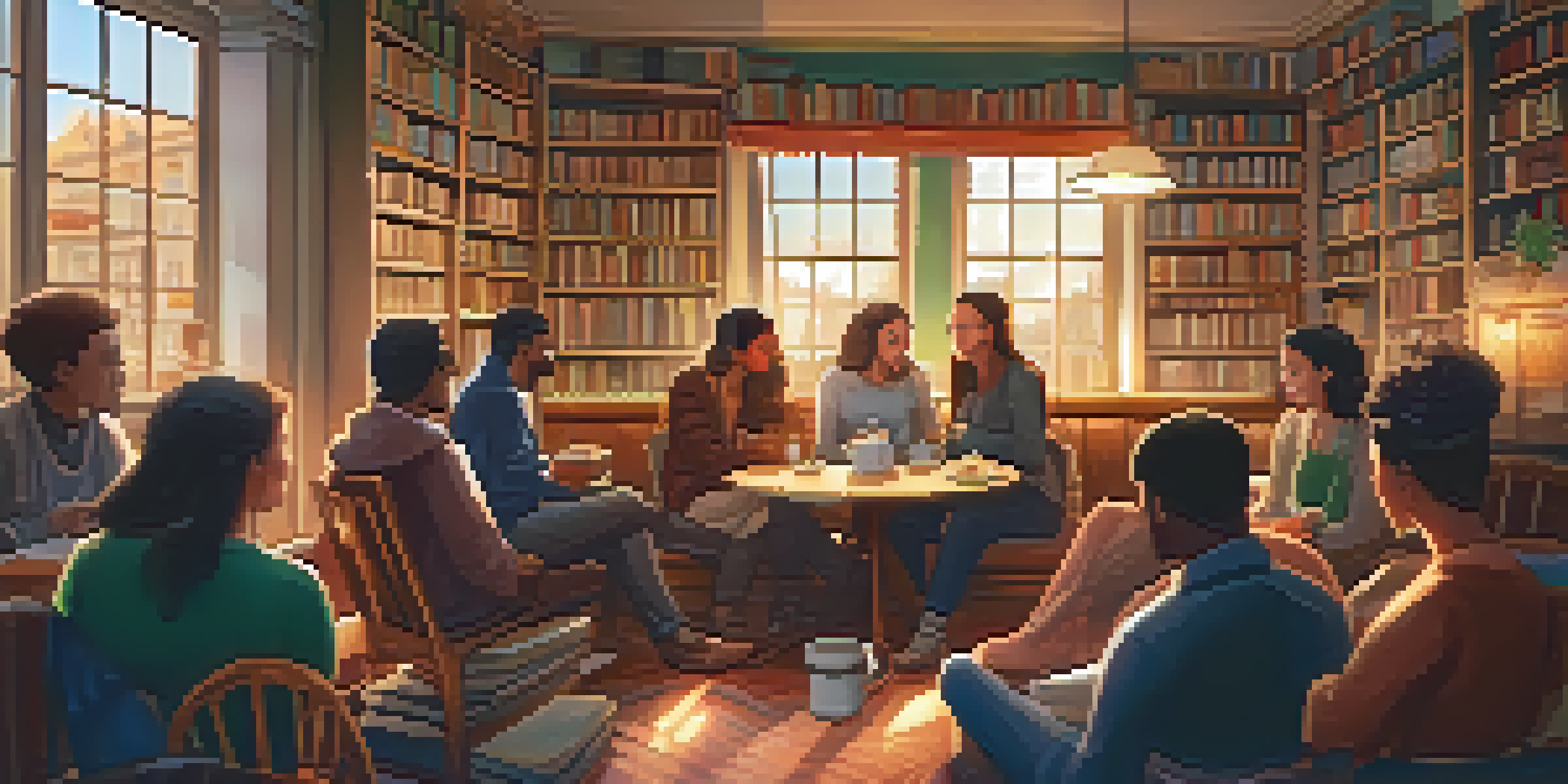 A cozy storytelling event in a café with people sitting in a circle, listening to a storyteller, surrounded by bookshelves and warm lighting.
