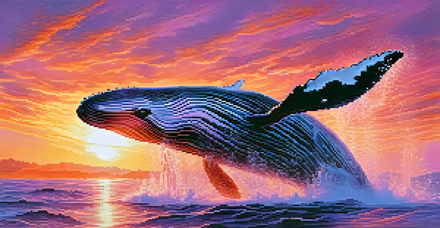 A whale jumping out of the ocean at sunset, with colorful skies and splashes of water.