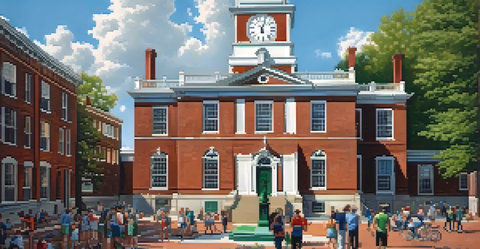 A sunny day view of Independence Hall with visitors in front, featuring its red brick exterior and white clock tower under a blue sky.