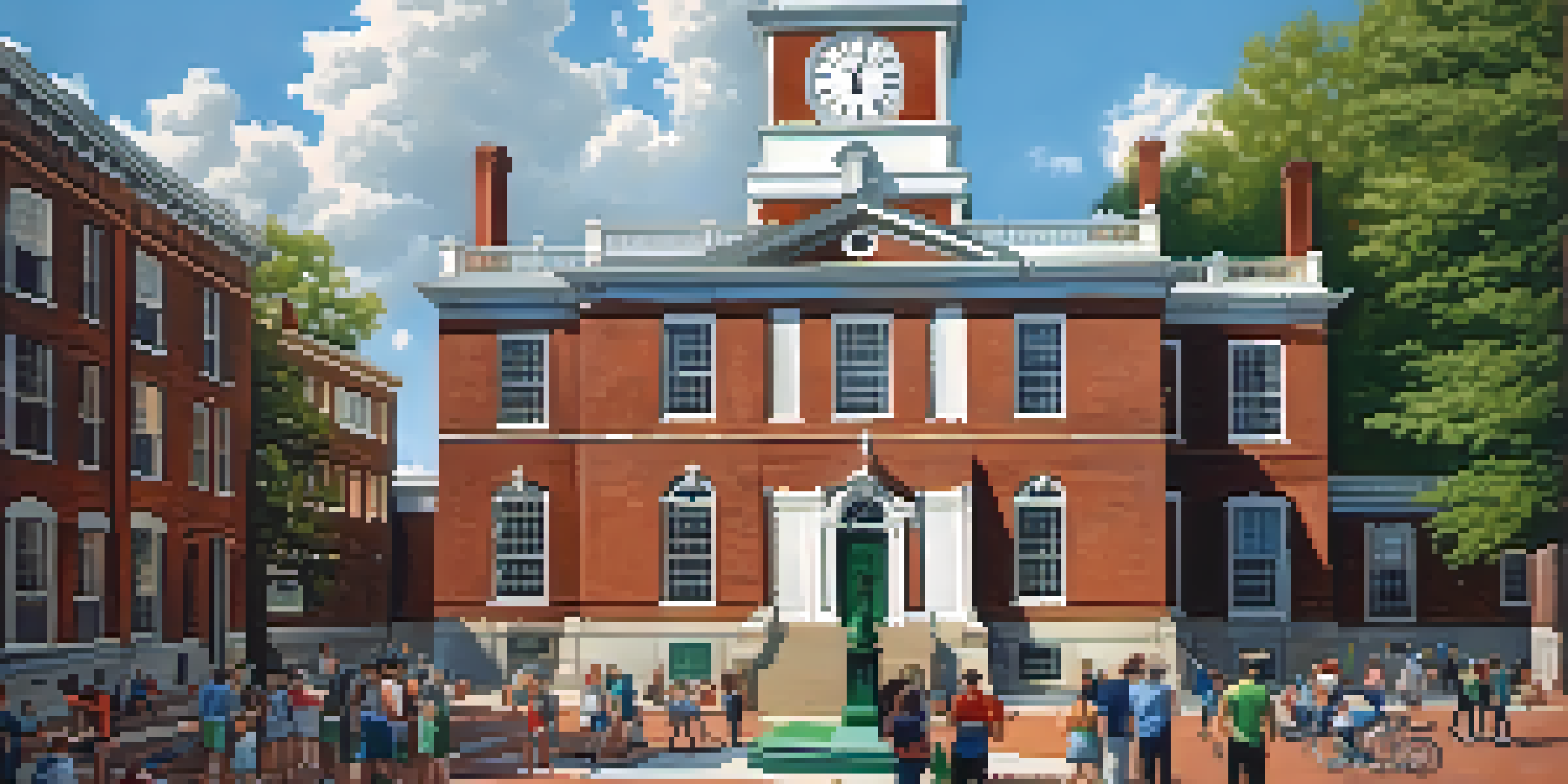 A sunny day view of Independence Hall with visitors in front, featuring its red brick exterior and white clock tower under a blue sky.