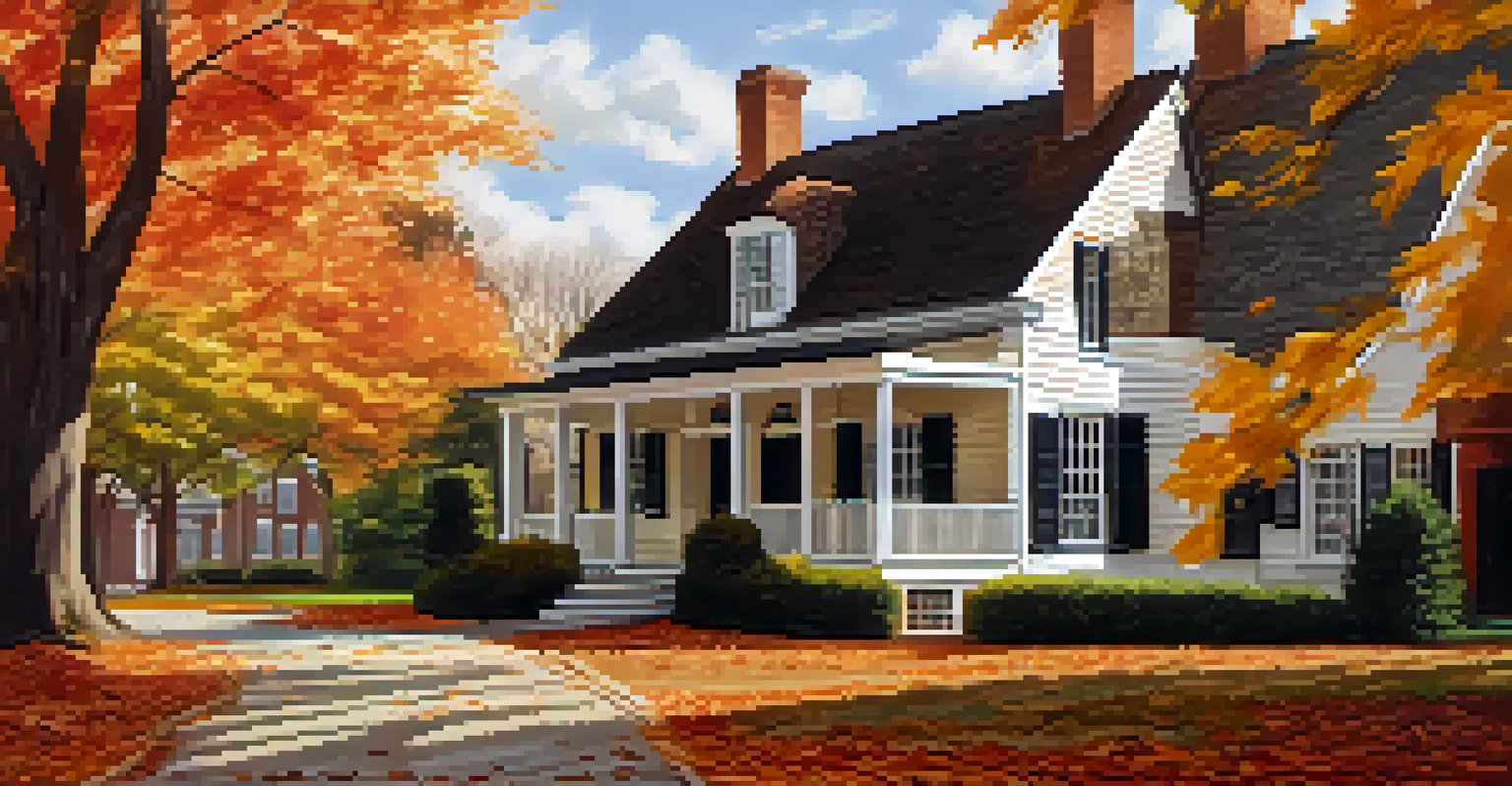 A close-up of a colonial-style house in Williamsburg, surrounded by autumn leaves.