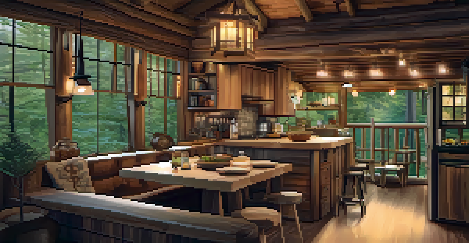 The interior of a treehouse showcasing cozy spaces, a kitchenette, and large windows with forest views, all lit with warm lighting.