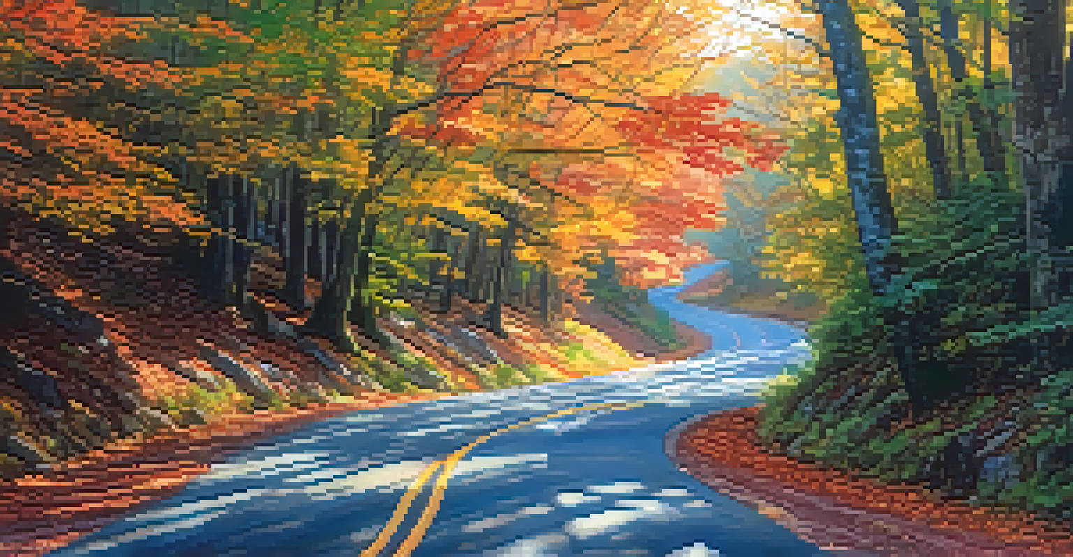 A winding road through the Blue Ridge Parkway, surrounded by colorful autumn foliage with soft morning light filtering through the trees.