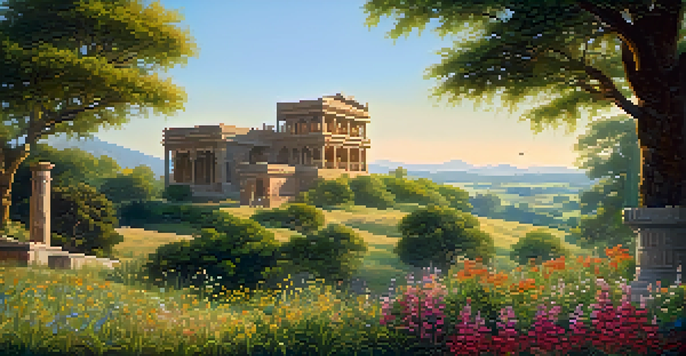 A traditional cultural heritage site with intricate stone carvings and historical architecture surrounded by green trees and wildflowers, under a blue sky with golden sunlight.