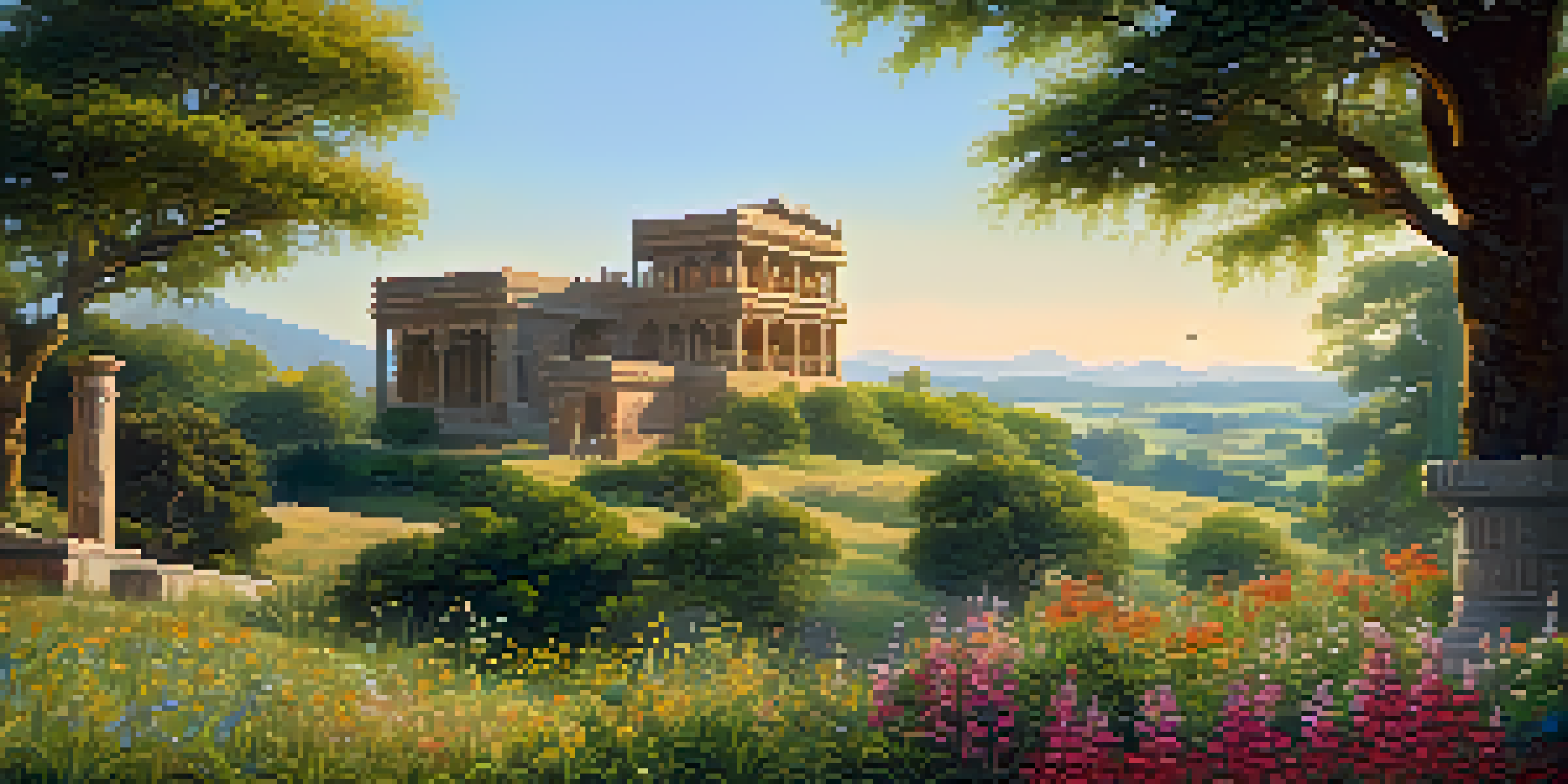 A traditional cultural heritage site with intricate stone carvings and historical architecture surrounded by green trees and wildflowers, under a blue sky with golden sunlight.