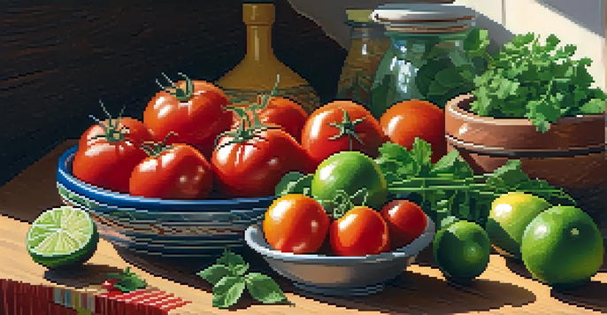 A colorful kitchen countertop filled with fresh Mexican ingredients like tomatoes, limes, and cilantro, with spices in a bowl and a knife on a cutting board.