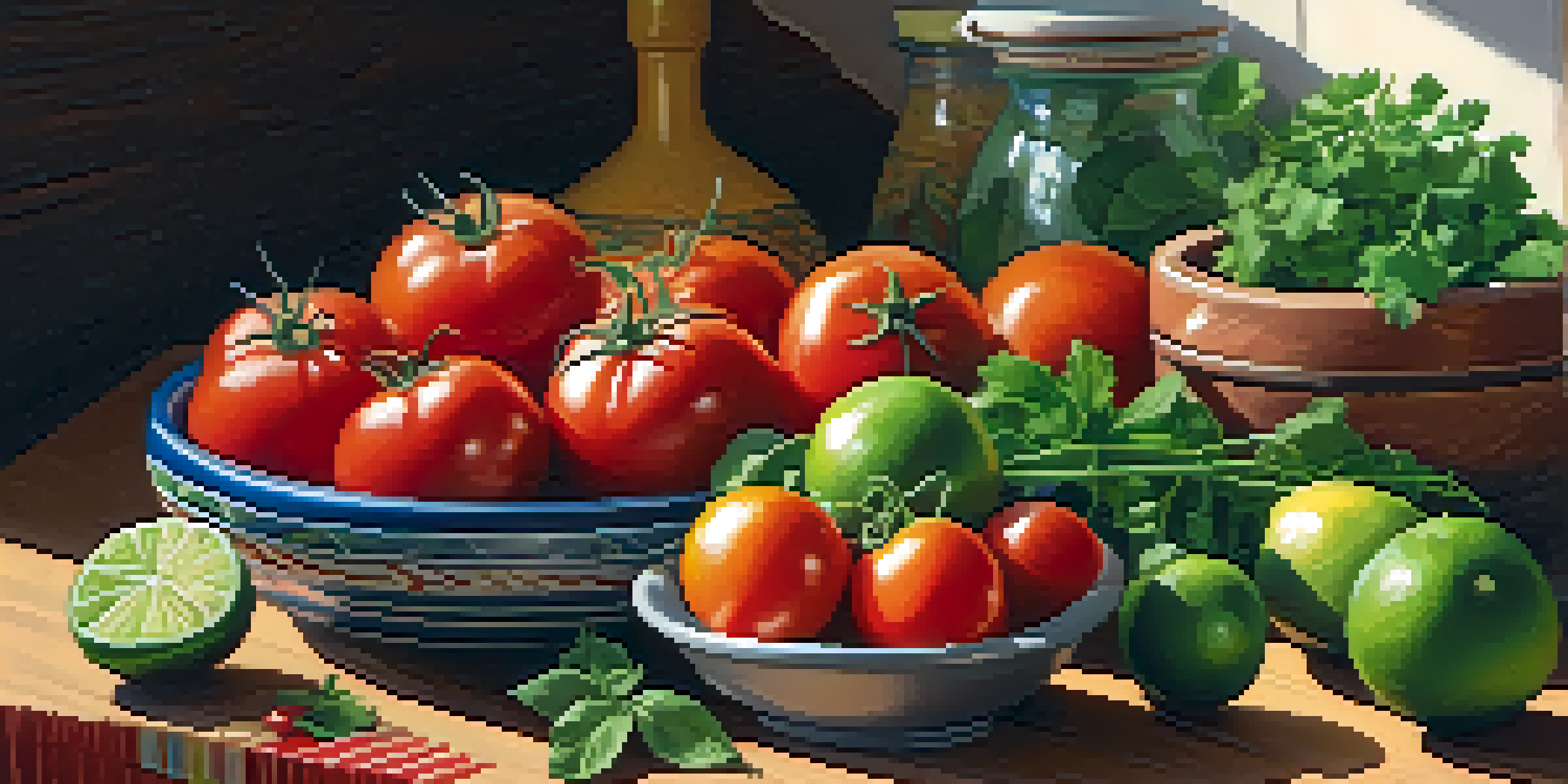 A colorful kitchen countertop filled with fresh Mexican ingredients like tomatoes, limes, and cilantro, with spices in a bowl and a knife on a cutting board.