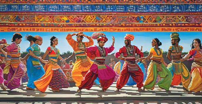 A colorful mural illustrating a diverse group of people dancing, with cultural symbols in the background and warm sunlight illuminating the scene.