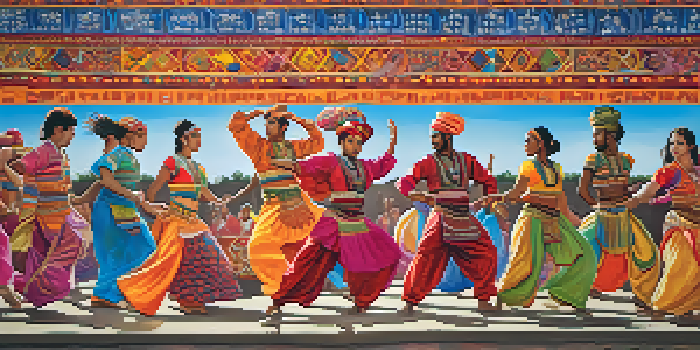 A colorful mural illustrating a diverse group of people dancing, with cultural symbols in the background and warm sunlight illuminating the scene.