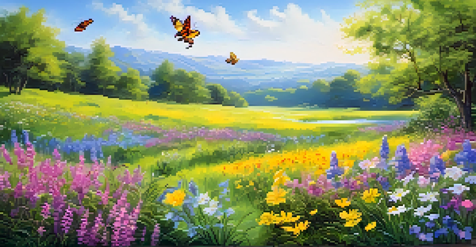 A colorful spring meadow filled with blooming wildflowers, bees, and butterflies under a clear blue sky.