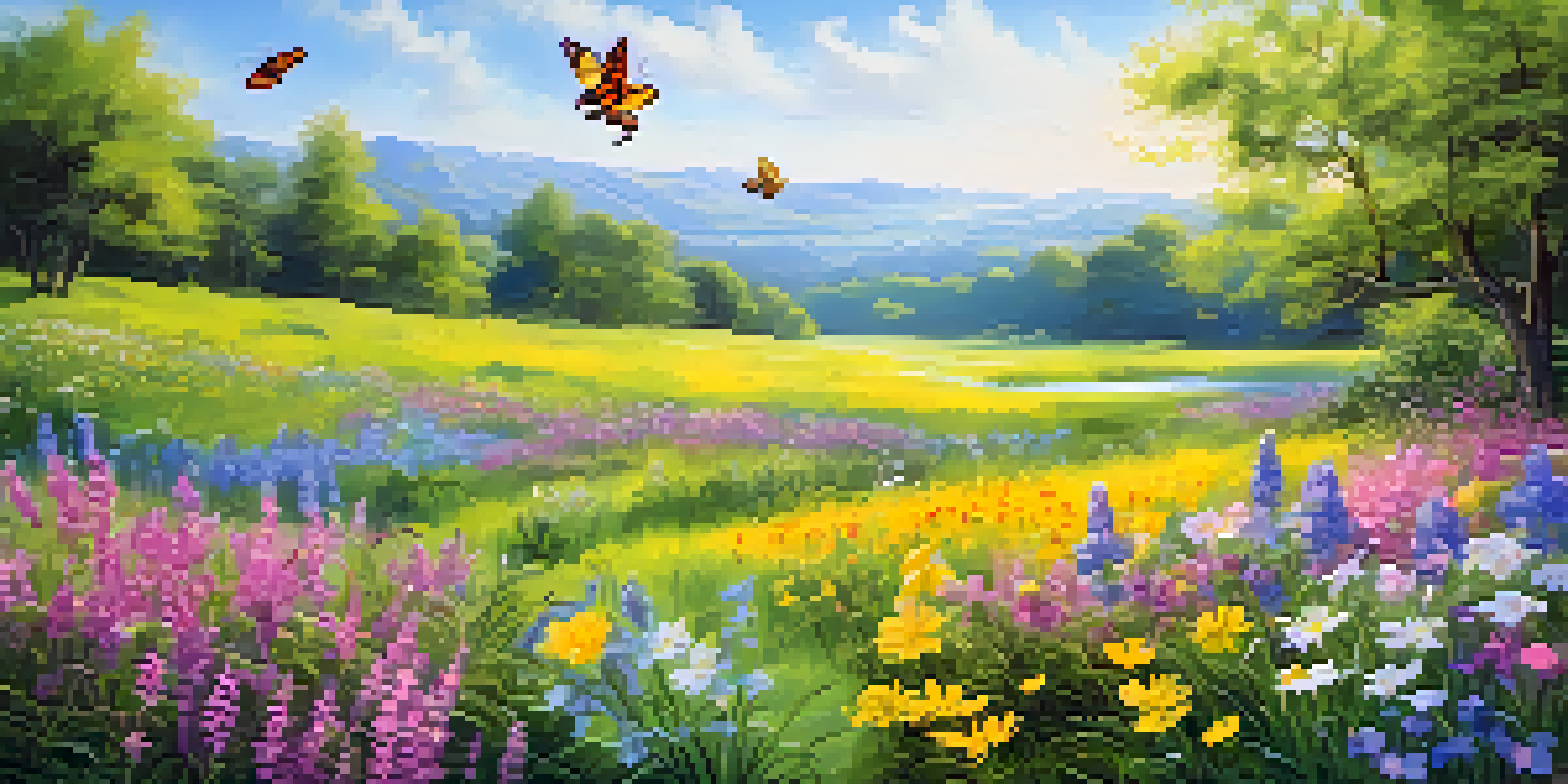 A colorful spring meadow filled with blooming wildflowers, bees, and butterflies under a clear blue sky.