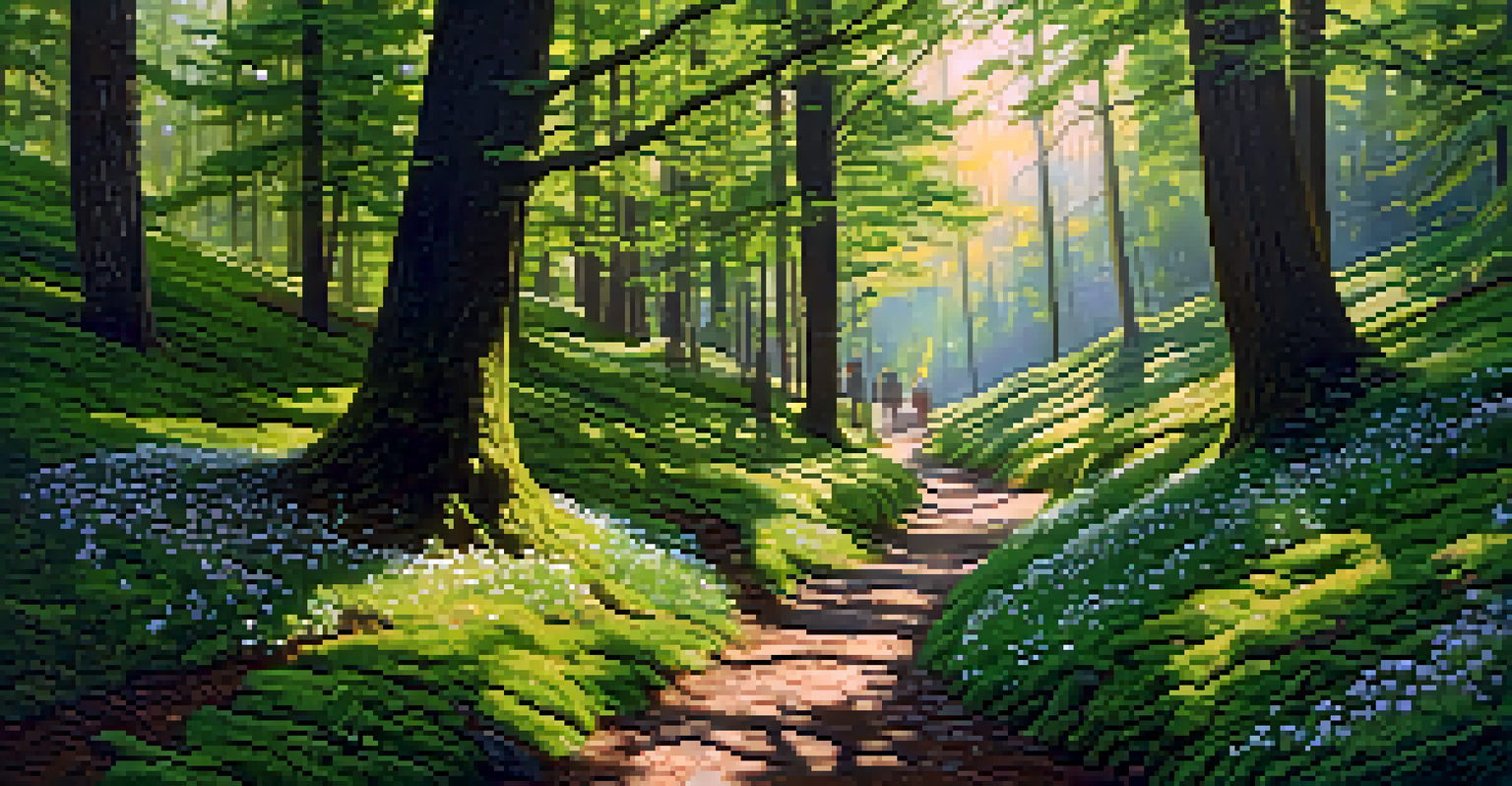 A winding hiking trail through a lush forest, with sunlight filtering through the trees and a person walking ahead.