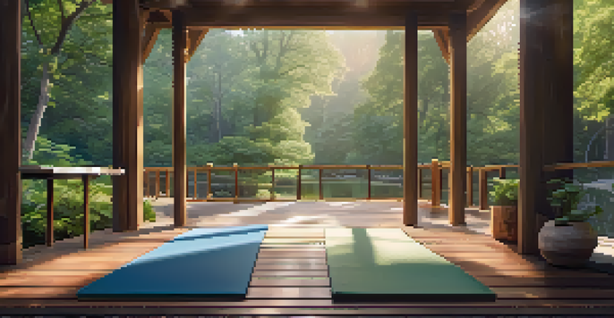A peaceful wellness center in a forest with a wooden deck and a yoga mat by a tranquil pond, illuminated by soft morning light.