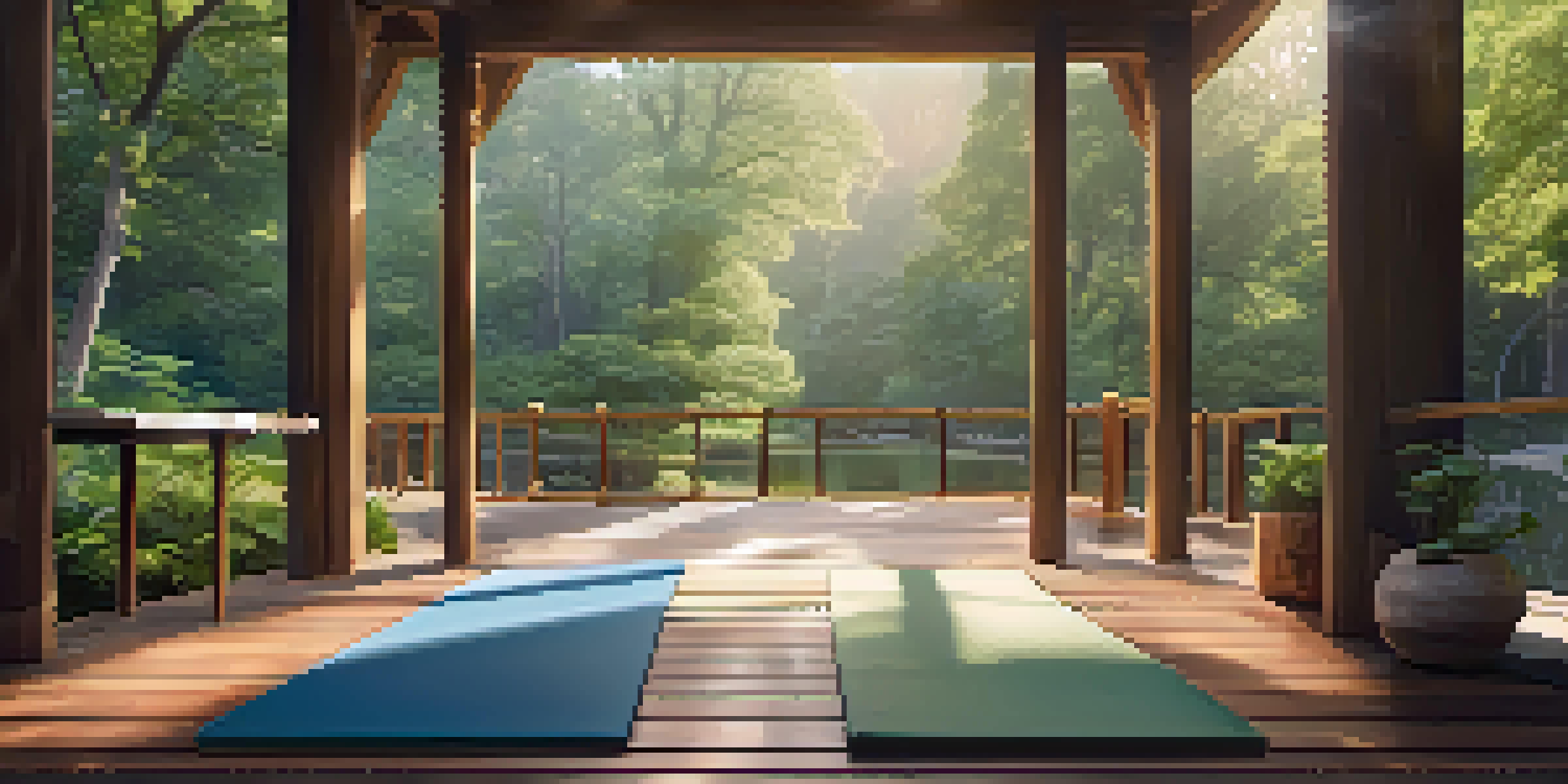 A peaceful wellness center in a forest with a wooden deck and a yoga mat by a tranquil pond, illuminated by soft morning light.