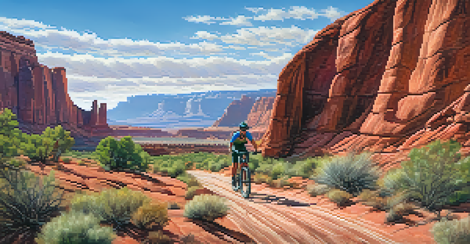 Mountain biker on the Slickrock Bike Trail in Moab, Utah, surrounded by red rock formations and desert landscape.