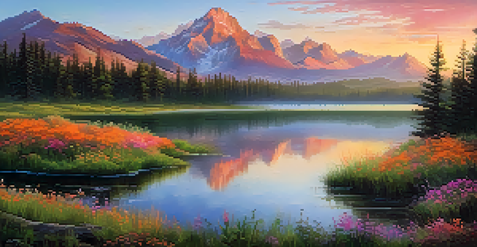 A vibrant sunrise over a national park, with colorful skies, a serene lake, and majestic mountains in the background.