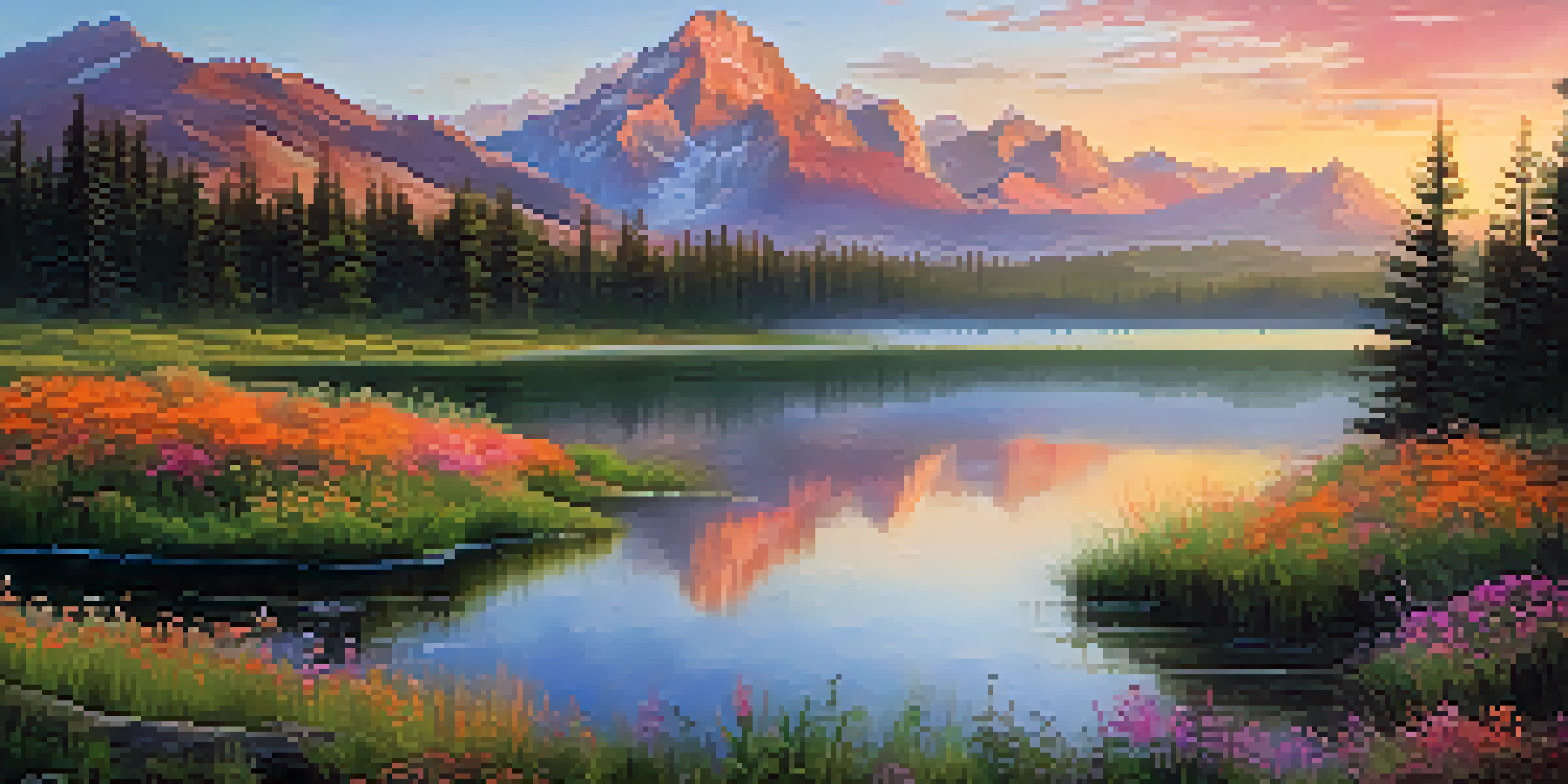 A vibrant sunrise over a national park, with colorful skies, a serene lake, and majestic mountains in the background.