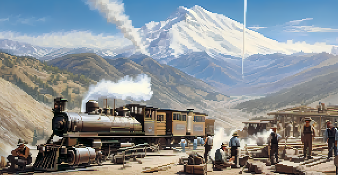 A historical scene depicting workers constructing the Central Pacific Railroad in the Sierra Nevada mountains, with dynamite blasts and rugged terrain.