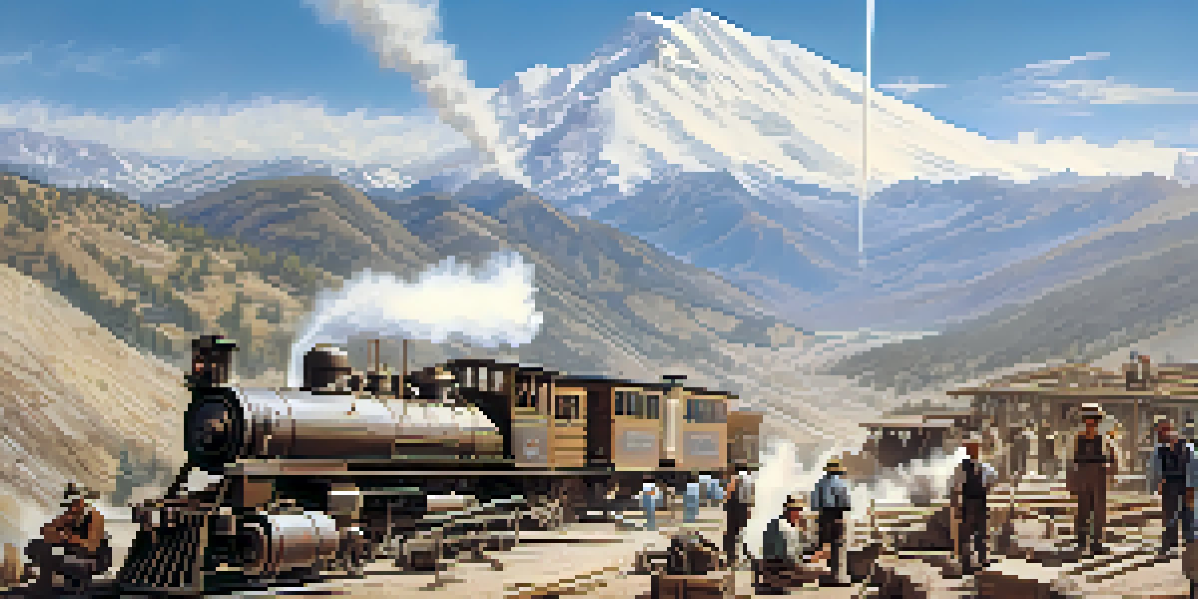 A historical scene depicting workers constructing the Central Pacific Railroad in the Sierra Nevada mountains, with dynamite blasts and rugged terrain.