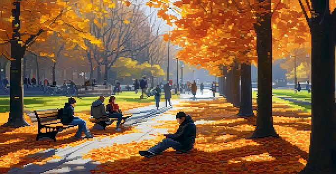 A colorful autumn park scene with people enjoying nature, reading, walking dogs, and having a picnic.