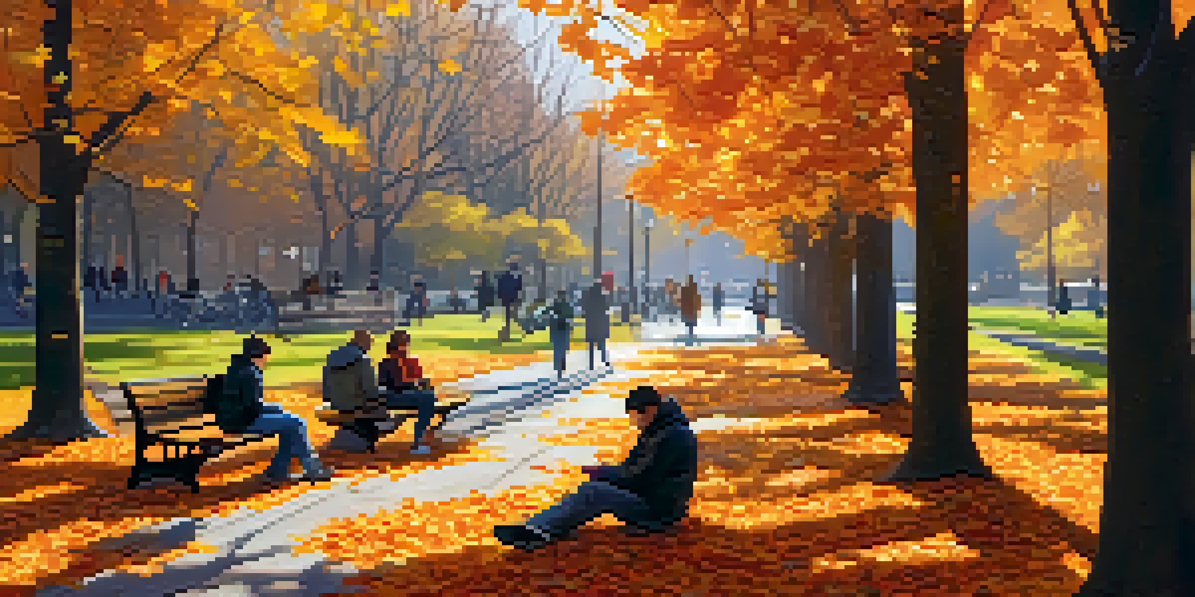 A colorful autumn park scene with people enjoying nature, reading, walking dogs, and having a picnic.