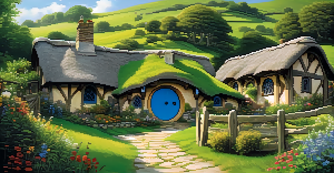 A scenic landscape of the Shire, featuring green hills and charming hobbit homes with colorful flowers.