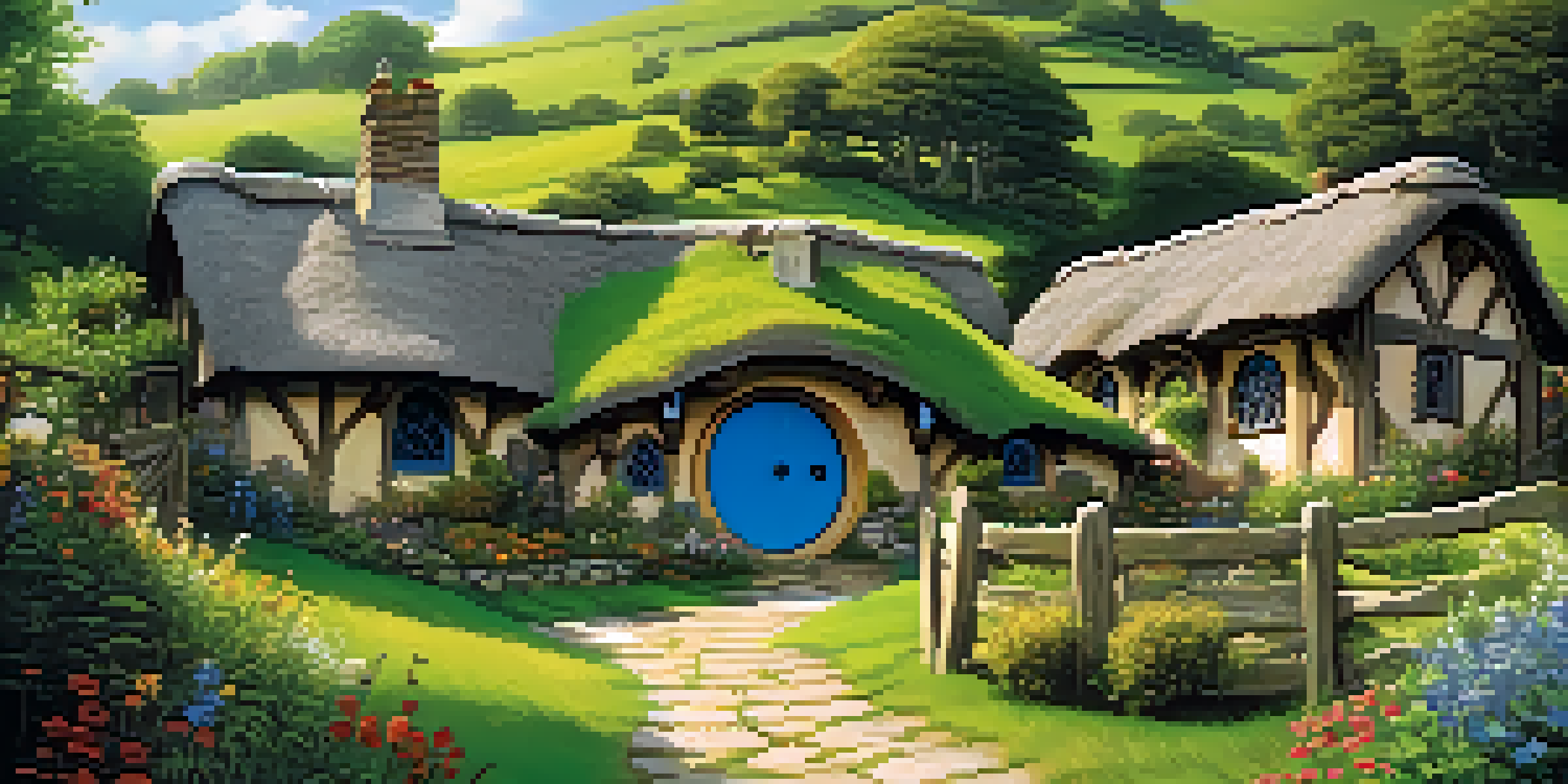 A scenic landscape of the Shire, featuring green hills and charming hobbit homes with colorful flowers.