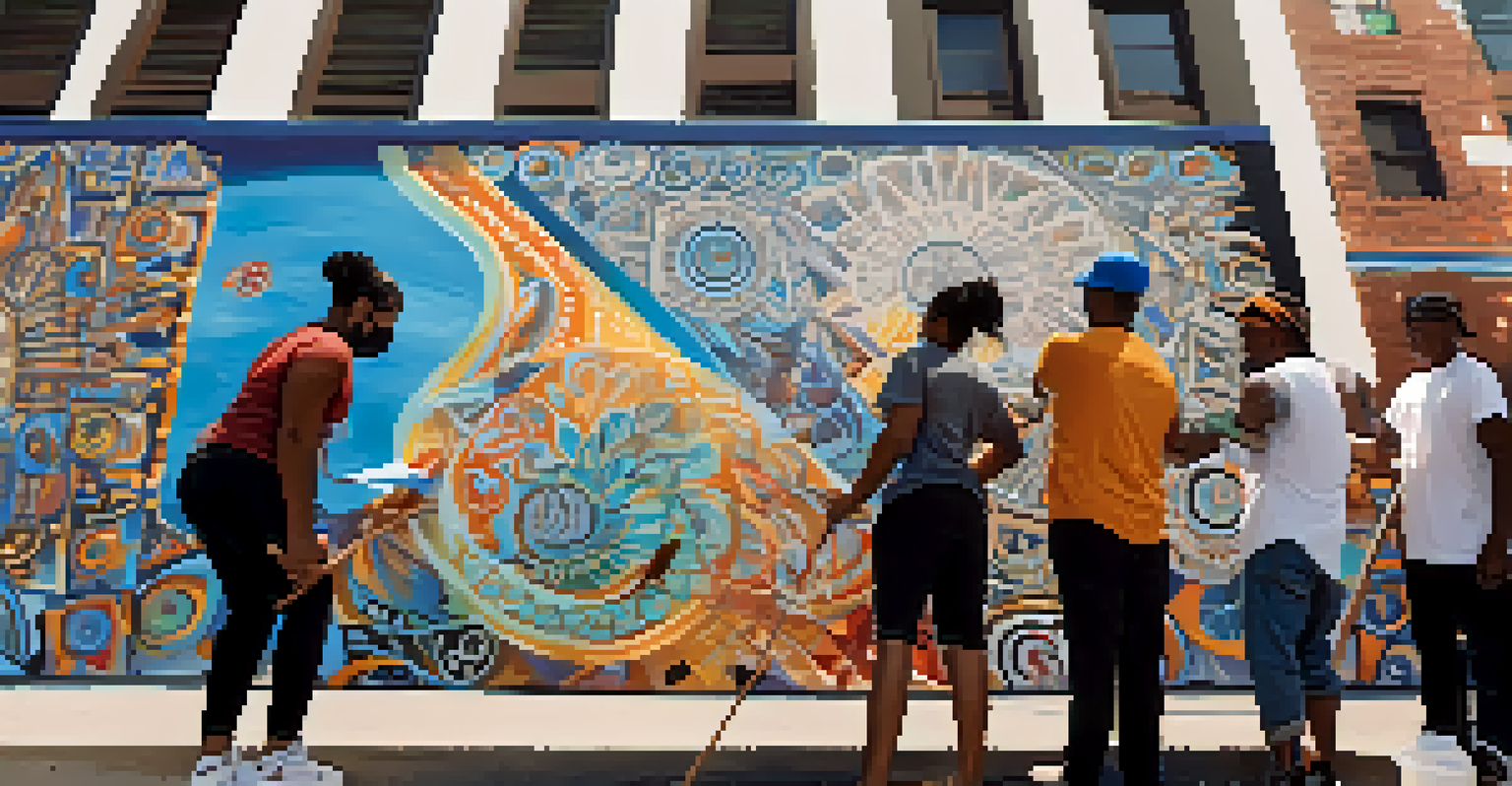 A close-up of diverse community members collaboratively painting a mural, with intricate patterns and a historic building in the background.
