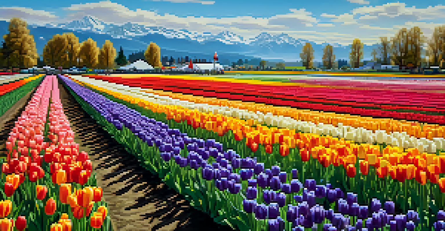 A beautiful view of a tulip field during the Tulip Festival, with colorful flowers blooming and people walking around enjoying the scenery.